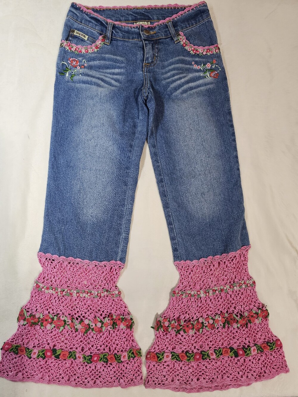 VTG 2004 The English Roses by Madonna Floral Crochet Flare Jeans Girls Size 10